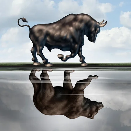 55999960-investing-warning-signs-as-a-financial-stock-market-metaphor-with-a-bull-creating-a-reflection-in-th